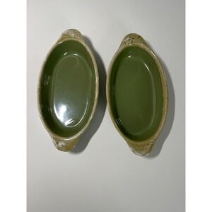 2 - Hull Pottery Avocado‎ Drip, Oval Baking Dish Oven Proof ca 1960 USA
